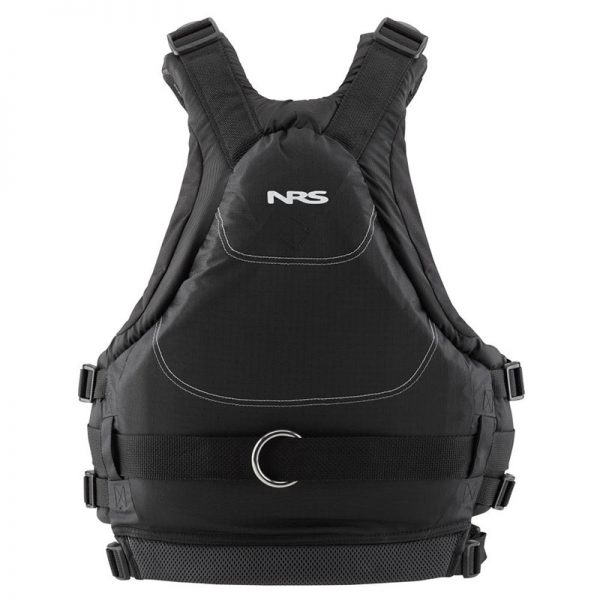A black life jacket with the word ns on it.