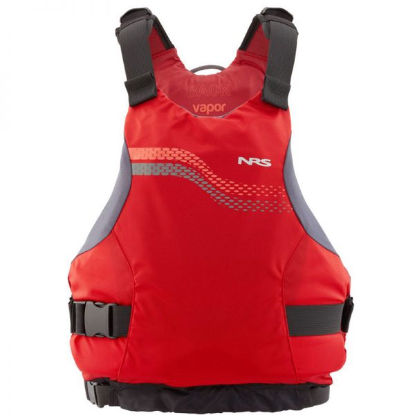 A red ns life jacket on a white background.