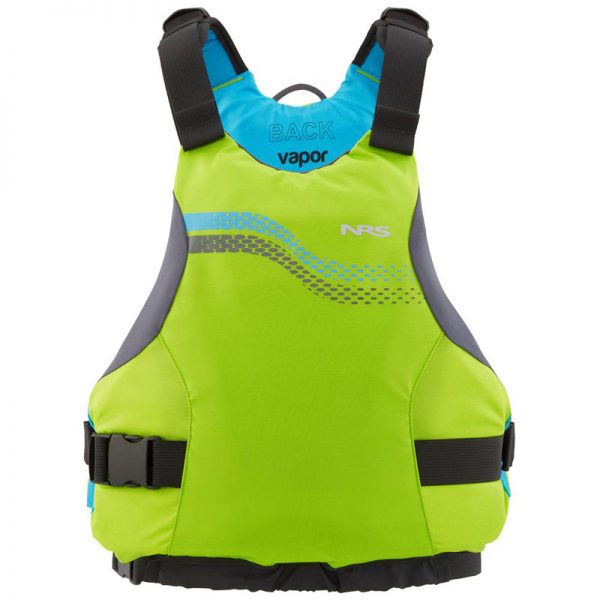 A life jacket with a green and blue design.