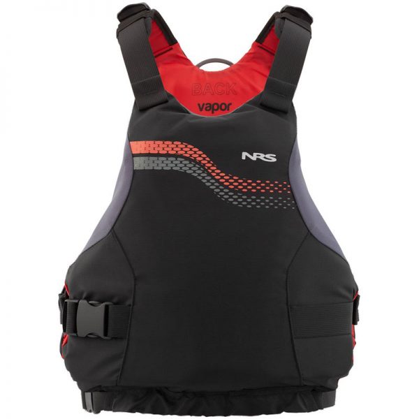 A black and red life jacket on a white background.