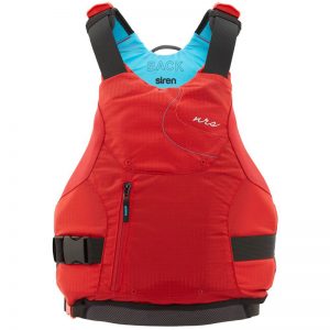 A red life jacket with blue straps.