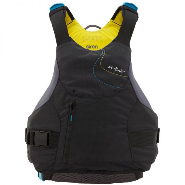 A black and yellow life jacket on a white background.