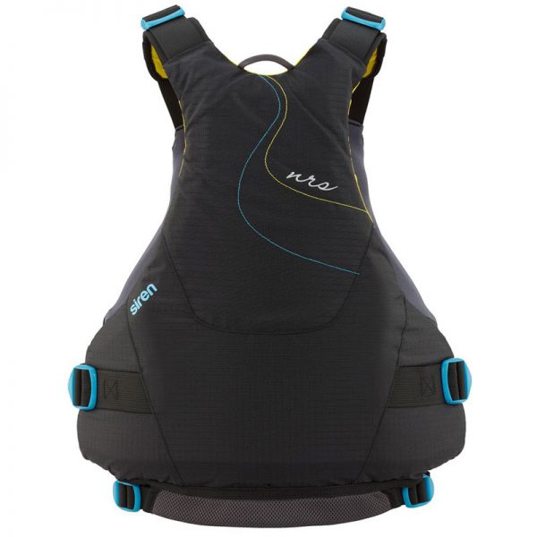 A black and blue life jacket with blue straps.