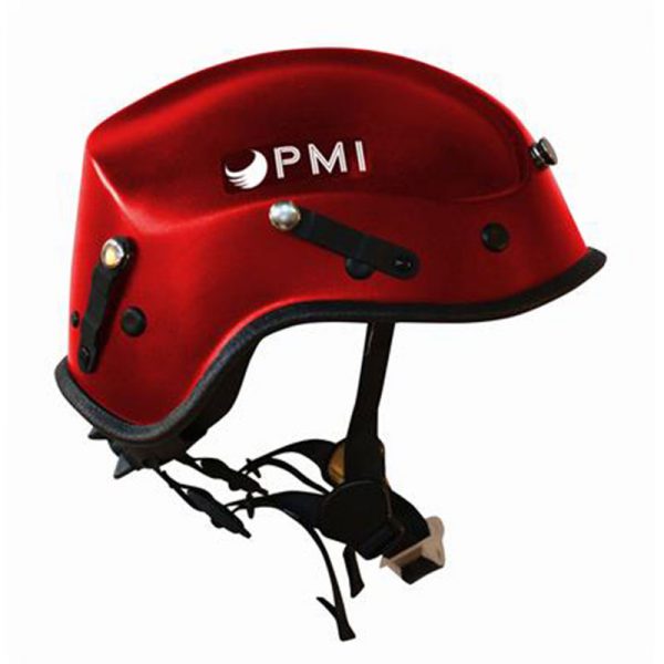 A red helmet with the word pmi on it.