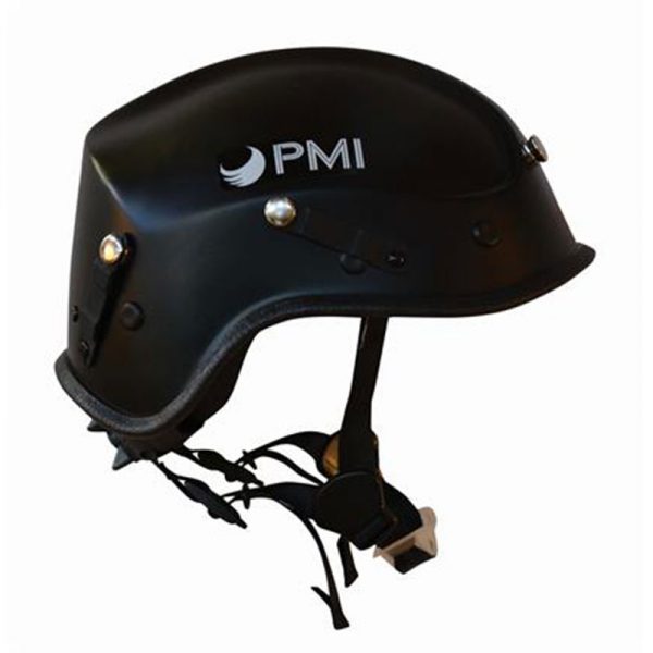 A black helmet with the word pmi on it.