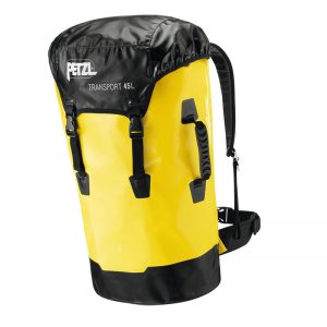 A yellow backpack with black straps.