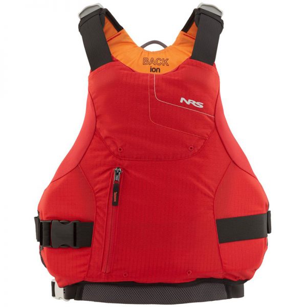 A red life jacket with orange straps.