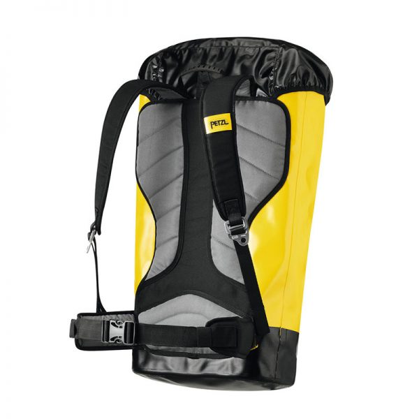 A yellow and black backpack on a white background.