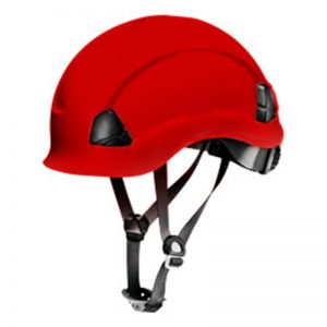 A red safety helmet on a white background.