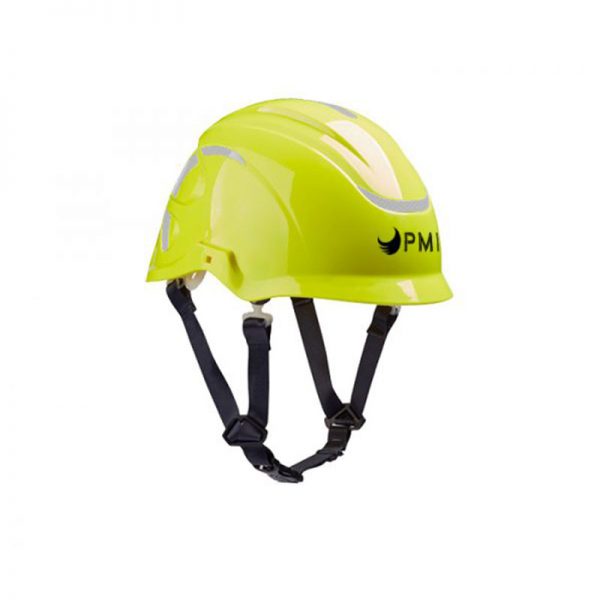 A yellow safety helmet on a white background.