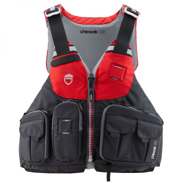A red and black fishing life jacket.