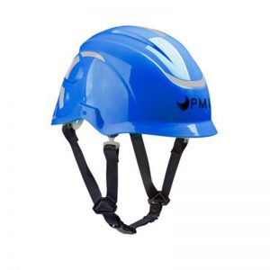 A blue helmet with the word pm on it.