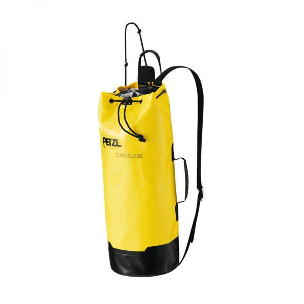 A yellow and black backpack with a handle.