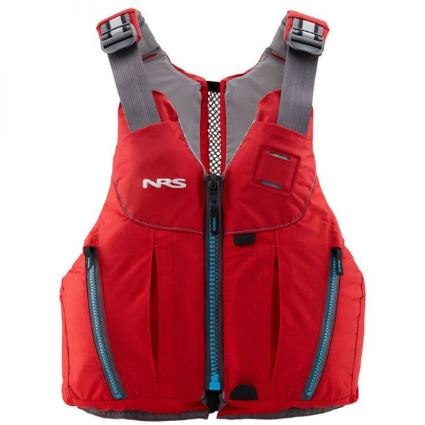 The nss women's life jacket is red and blue.