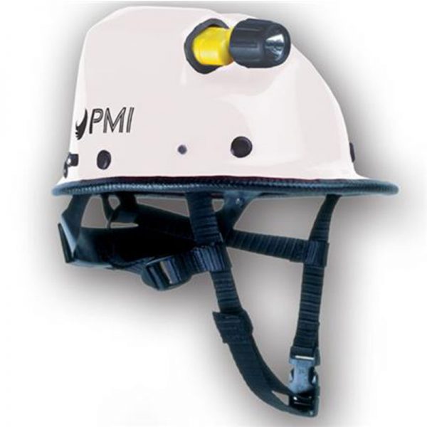 A white helmet with a yellow light attached to it.