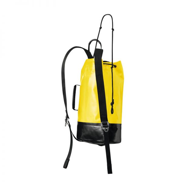 A yellow and black backpack on a white background.