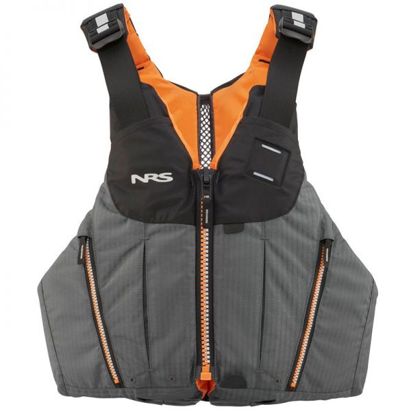 A grey and orange life jacket on a white background.