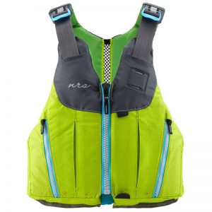 A lime green life jacket with a zippered pocket.