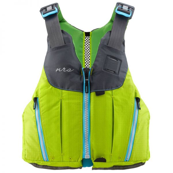 A lime green life jacket with a zippered pocket.