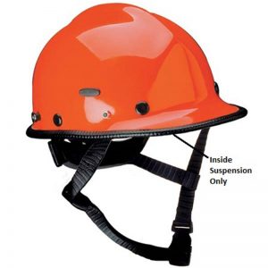 An orange safety helmet with a black strap.