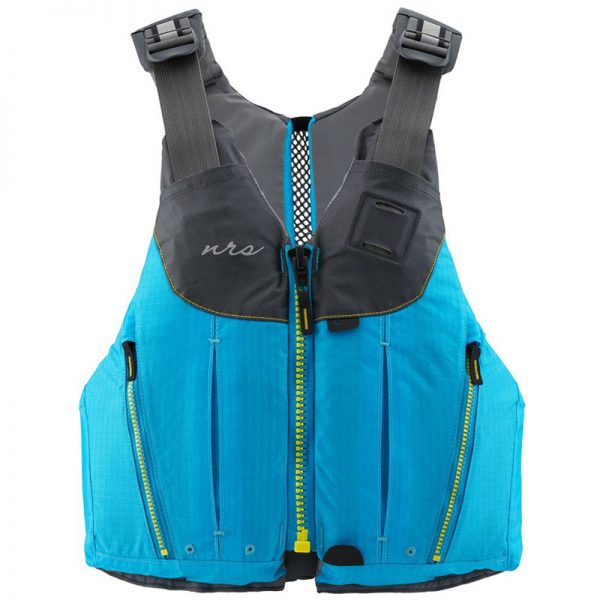 A blue life jacket with yellow zippers.