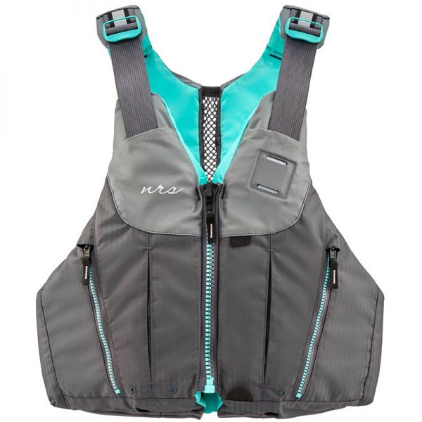 A women's life jacket in gray and turquoise.