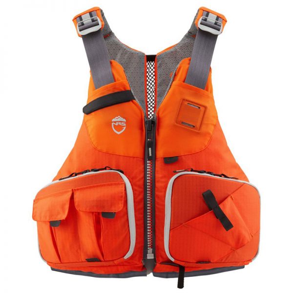 A orange fishing life jacket with two pockets.