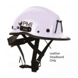 A white leather Earmuff Mounting Clip Set with the word pmi on it.