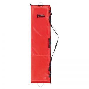 A red surfboard bag with a handle on it.