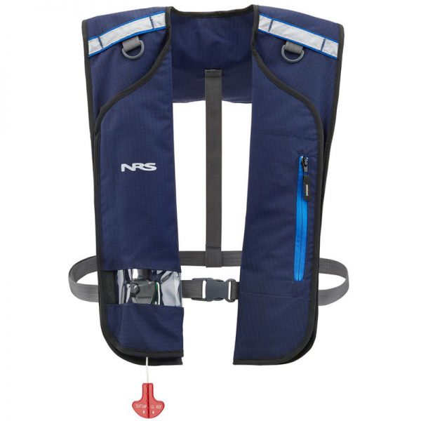 The ns life jacket is blue and has a strap.