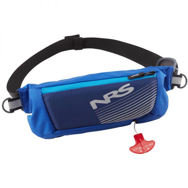 The nrs waist bag is blue and has a red button on it.