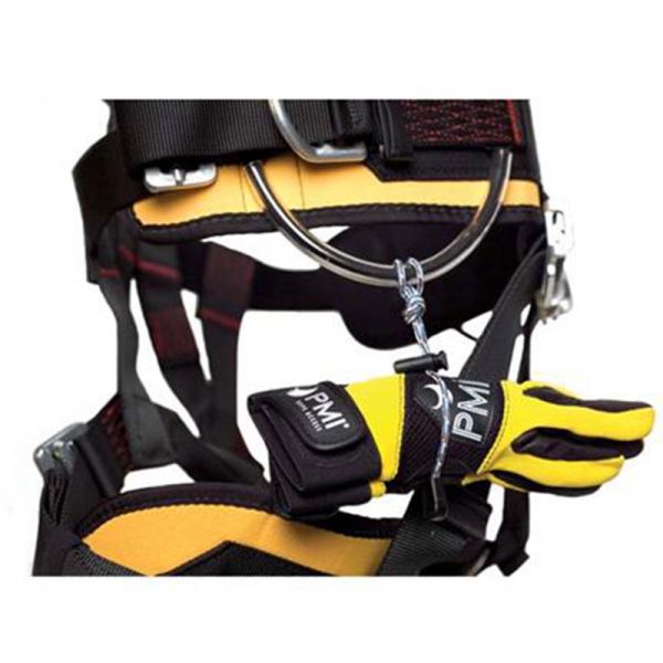 A yellow and black harness with a PMI® Glove Clip attached to it.