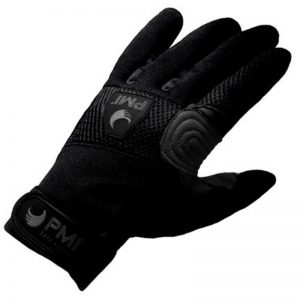 A pair of black PMI® Glove Clips with a logo on them.