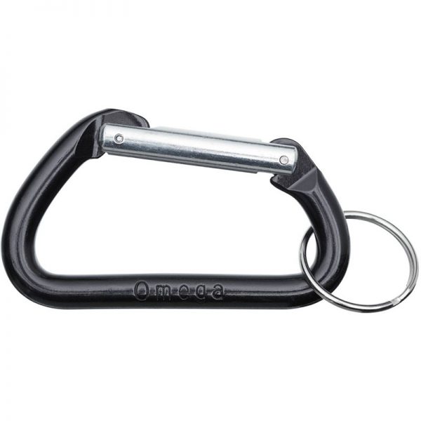 A black carabiner on a white background.