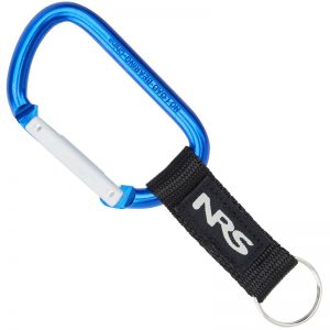 A blue carabiner with the nrs logo on it.