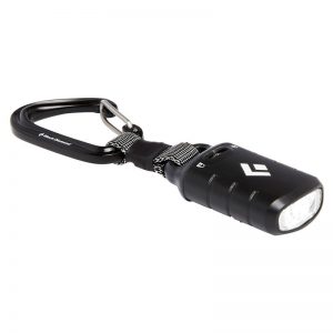 A black diamond carabiner with a flashlight attached to it.