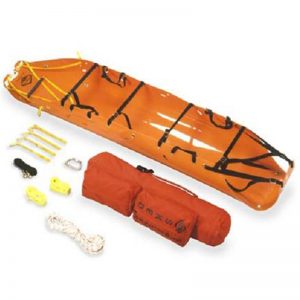 An SKED® Backpack - Orange with ropes and equipment.