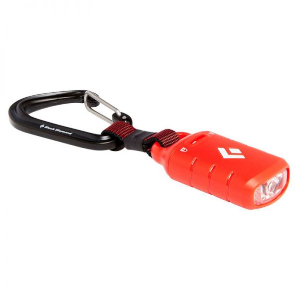 A red carabiner with a red light attached to it.