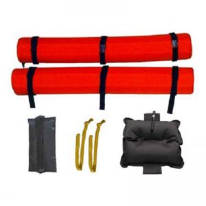 A set of safety equipment including a red bungee cord and a black bungee cord.