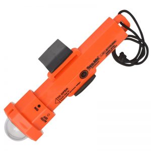 An orange flashlight with a cord attached to it.