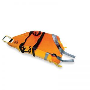 A SKED® Backpack - Orange life raft on a white background.