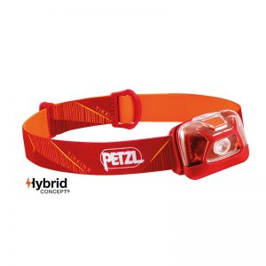 A red headlamp with a red strap.