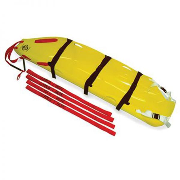 A yellow Skedco HMH Sked Rescue System with red and black straps.