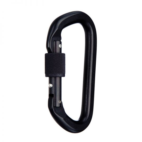 A black carabiner on a white background.