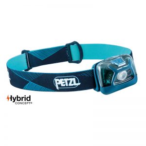 Petzl headlamp with a blue strap.