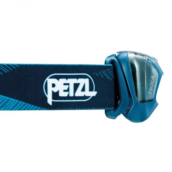 A petzl headlamp with a blue strap.