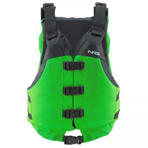 A green life jacket on a white background.