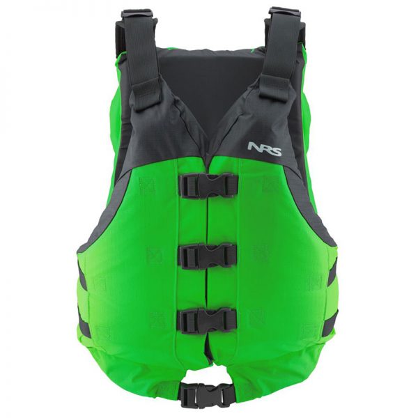 A green life jacket on a white background.