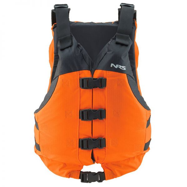 An orange life jacket with black straps.