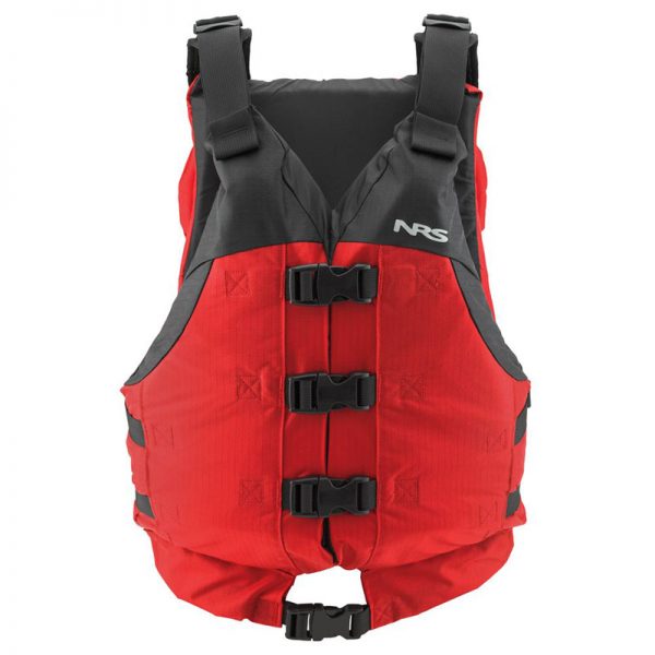 A red and black life jacket on a white background.